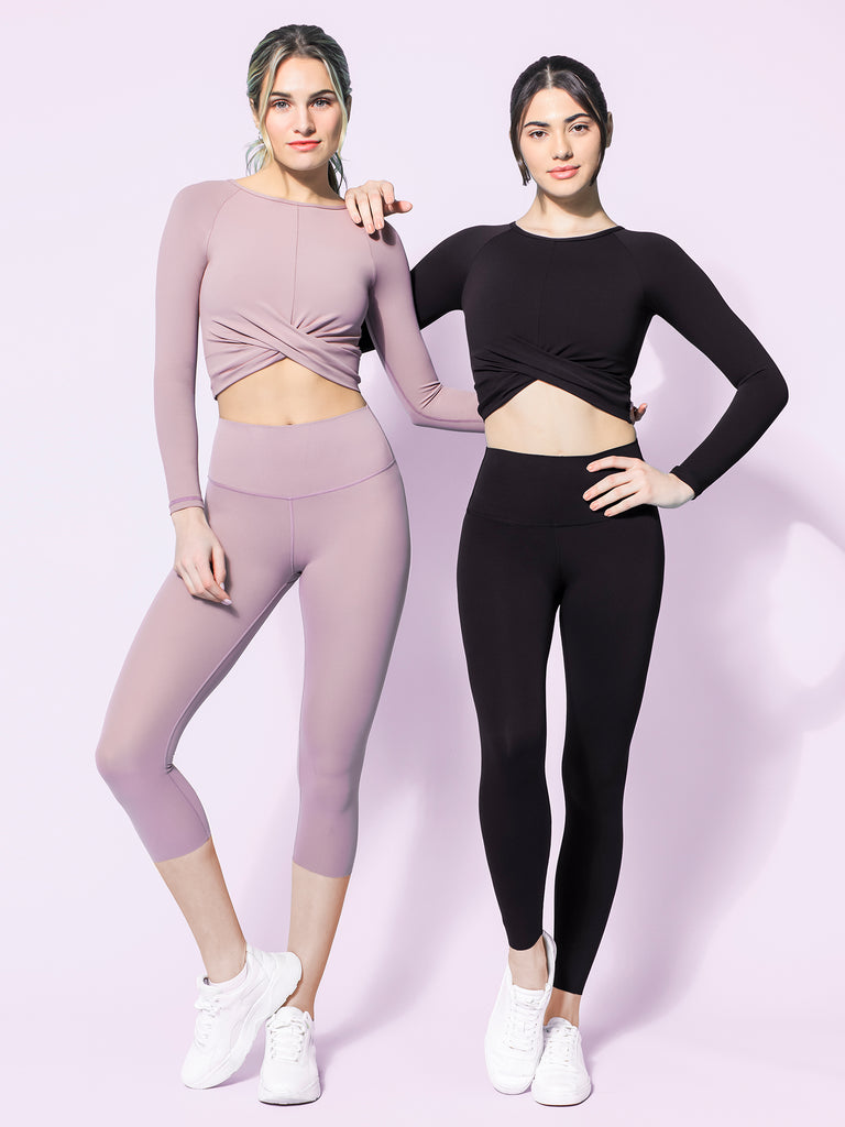 NUDE FRONT WRAP LONG SLEEVE TEE, BLACK