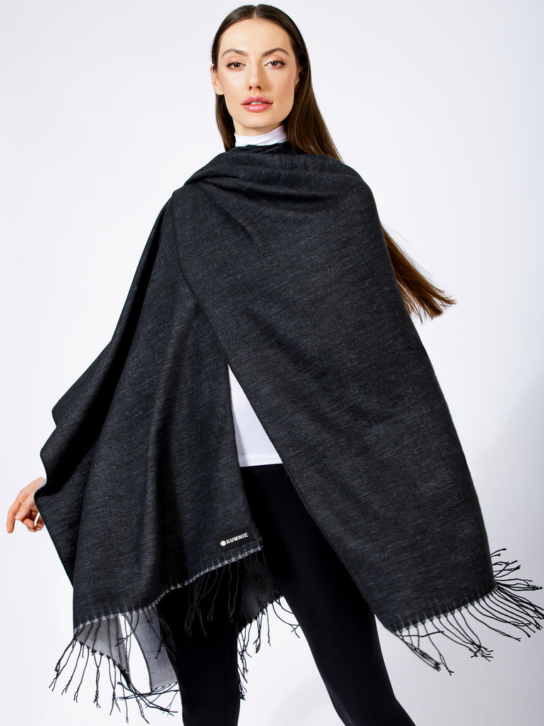 FREESTYLE FRINGED WRAP CAPE, BLACK