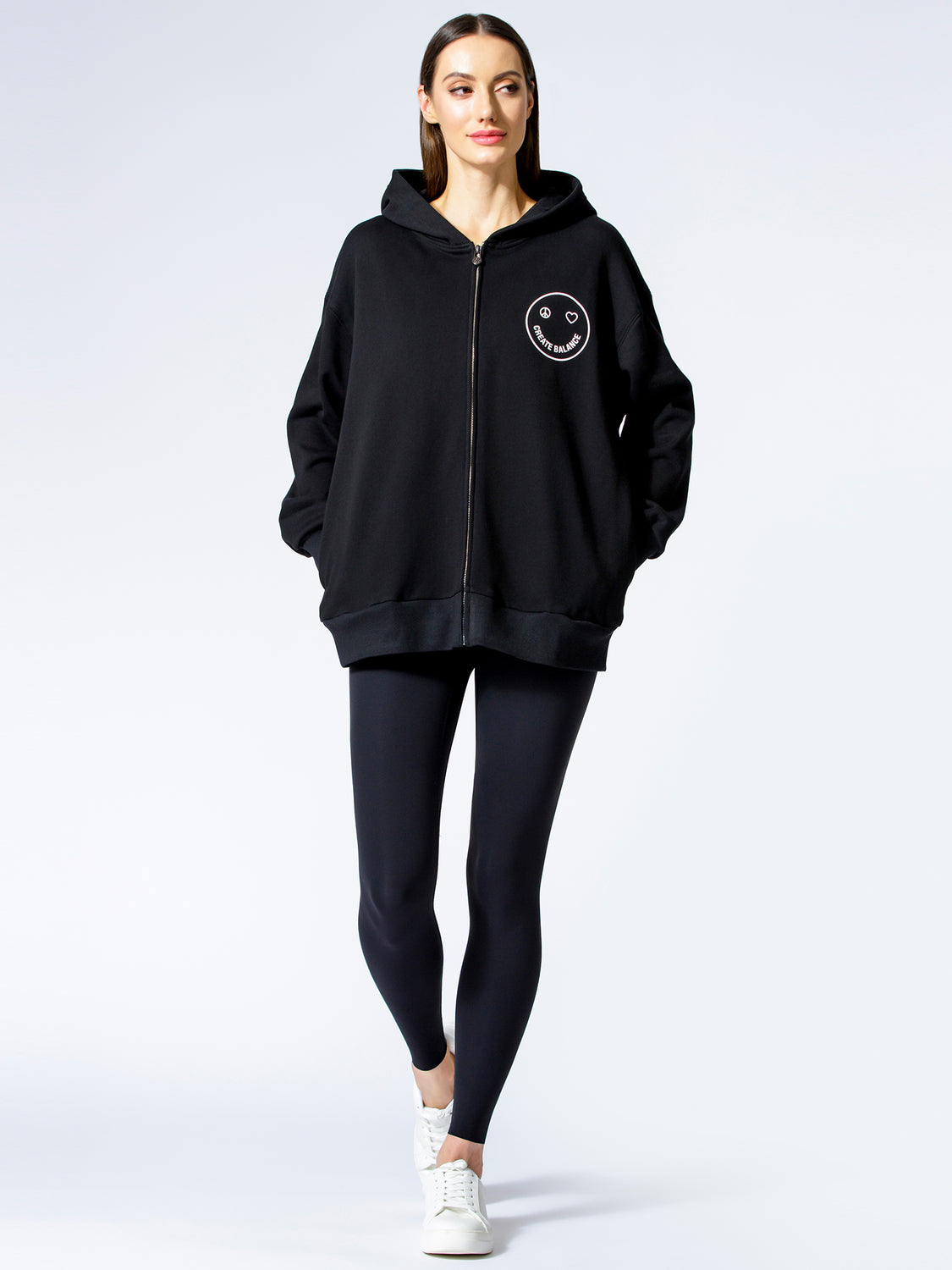 HAPPY GLOW ZIP HOODIE, BLACK