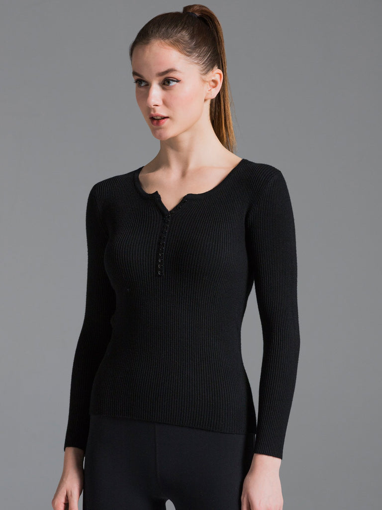 RIBBED HENLEY TEE, BLACK