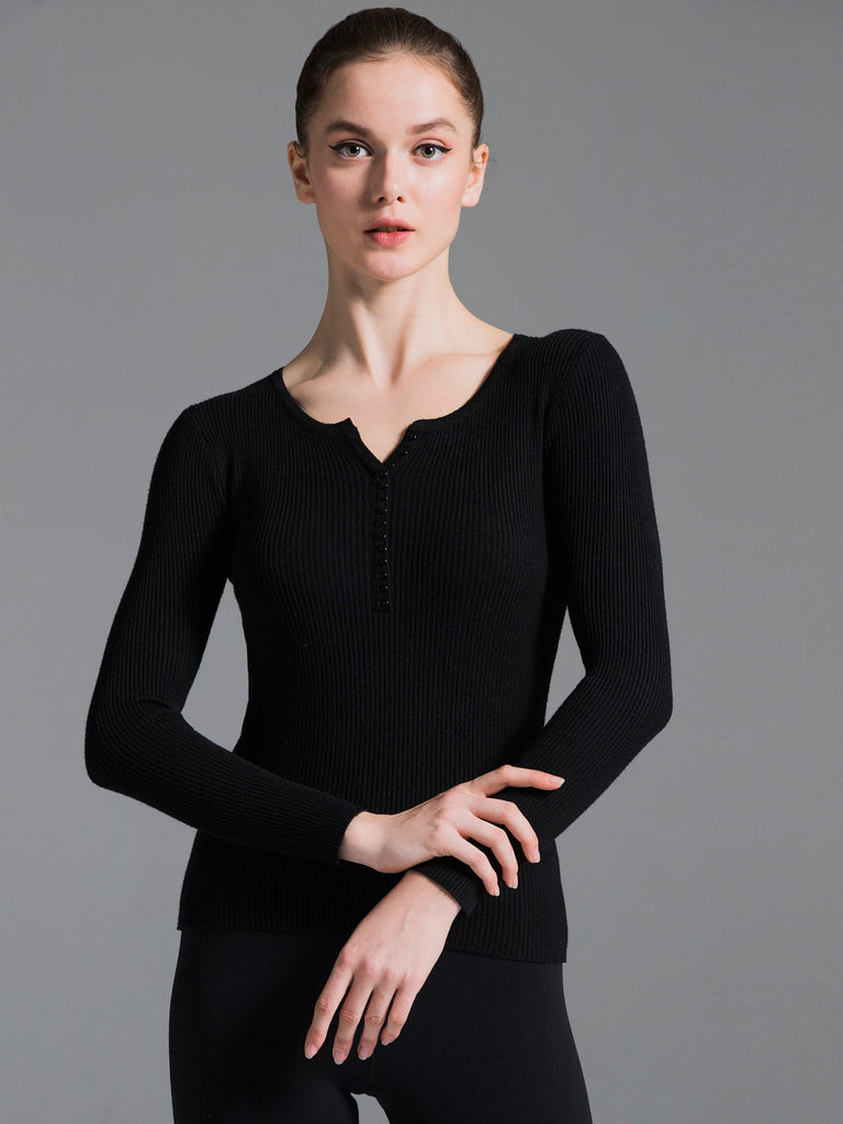 RIBBED HENLEY TEE, BLACK