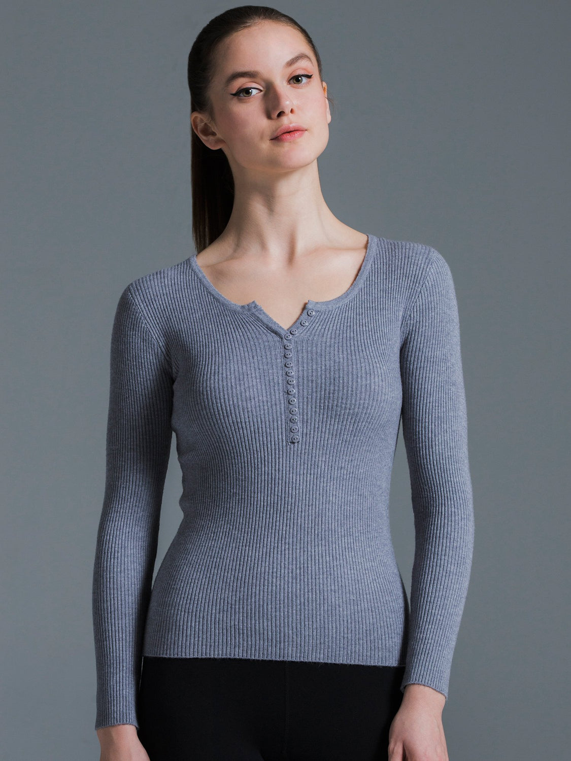 RIBBED HENLEY TEE, GREY