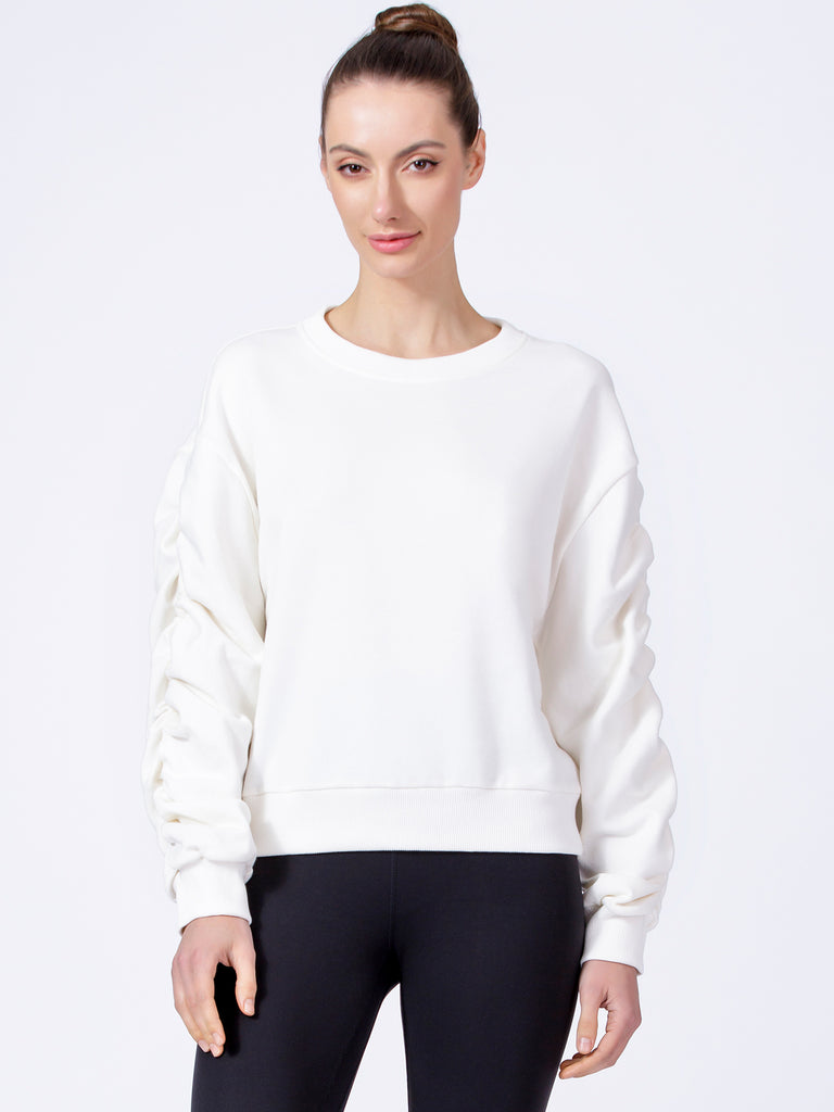 RUCHED RUNWAY SWEATSHIRT, WHITE