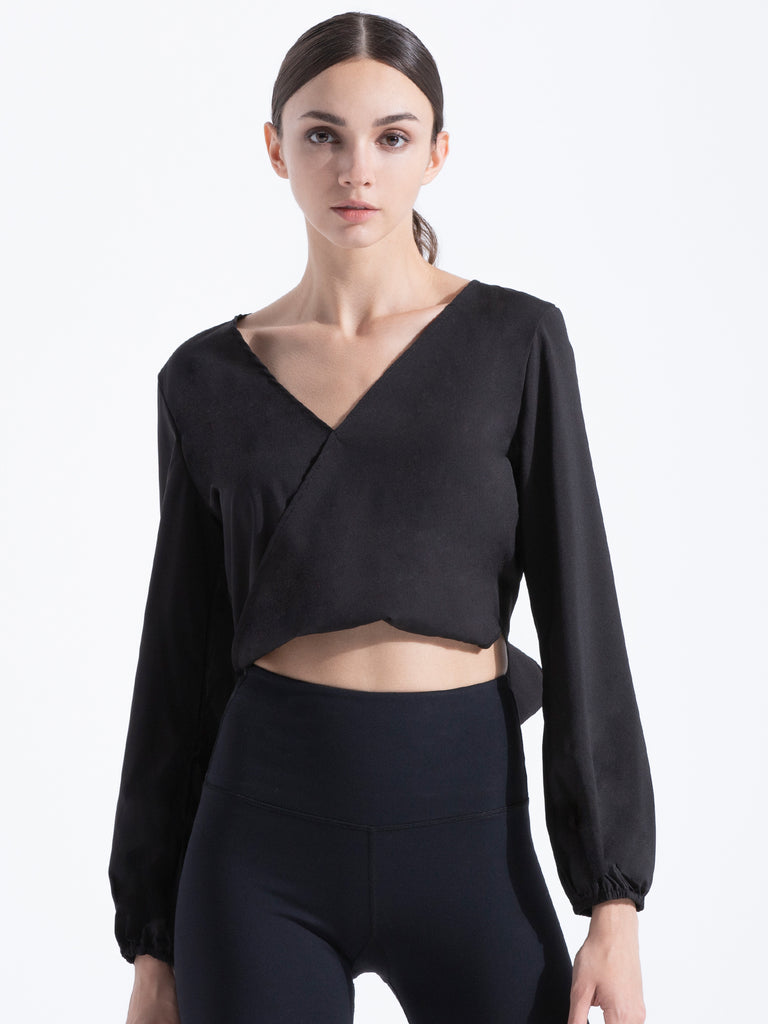 V NECK OPEN BACK TOP, BLACK