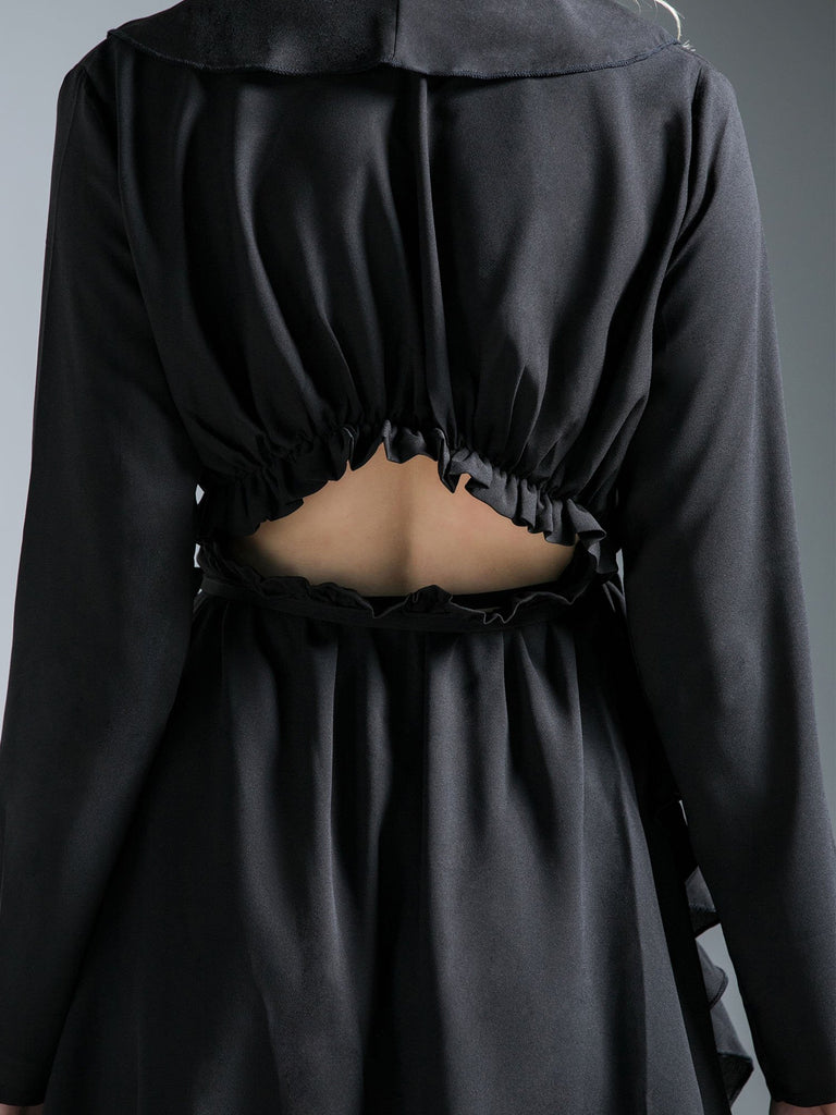 RUFFLED WRAP MINI DRESS, BLACK