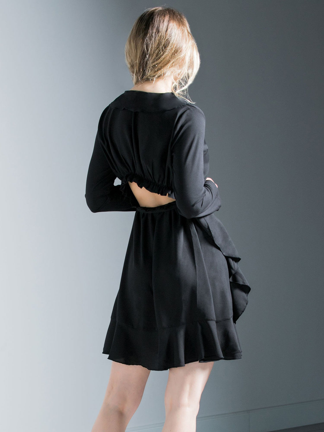 RUFFLED WRAP MINI DRESS, BLACK