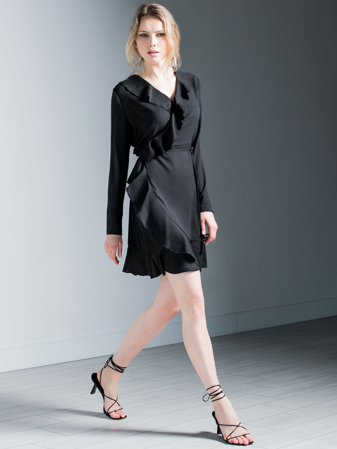 RUFFLED WRAP MINI DRESS, BLACK