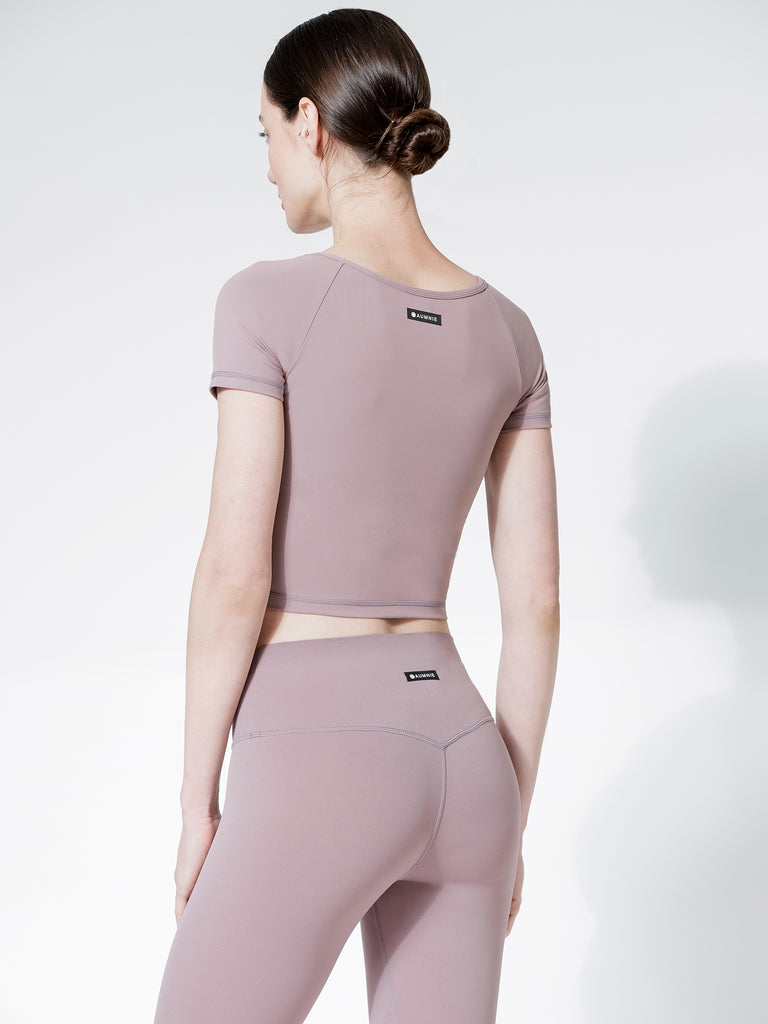SHORT SLEEVE NUDE FRONT WRAP TEE, ASH MAUVE