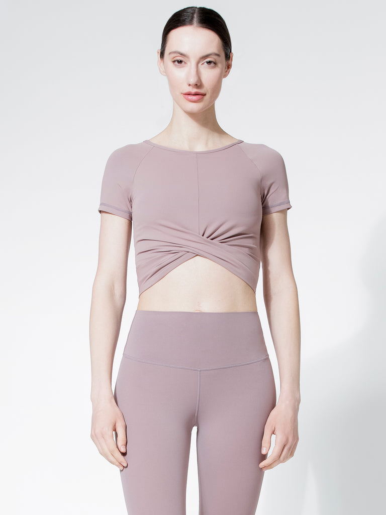 SHORT SLEEVE NUDE FRONT WRAP TEE, ASH MAUVE