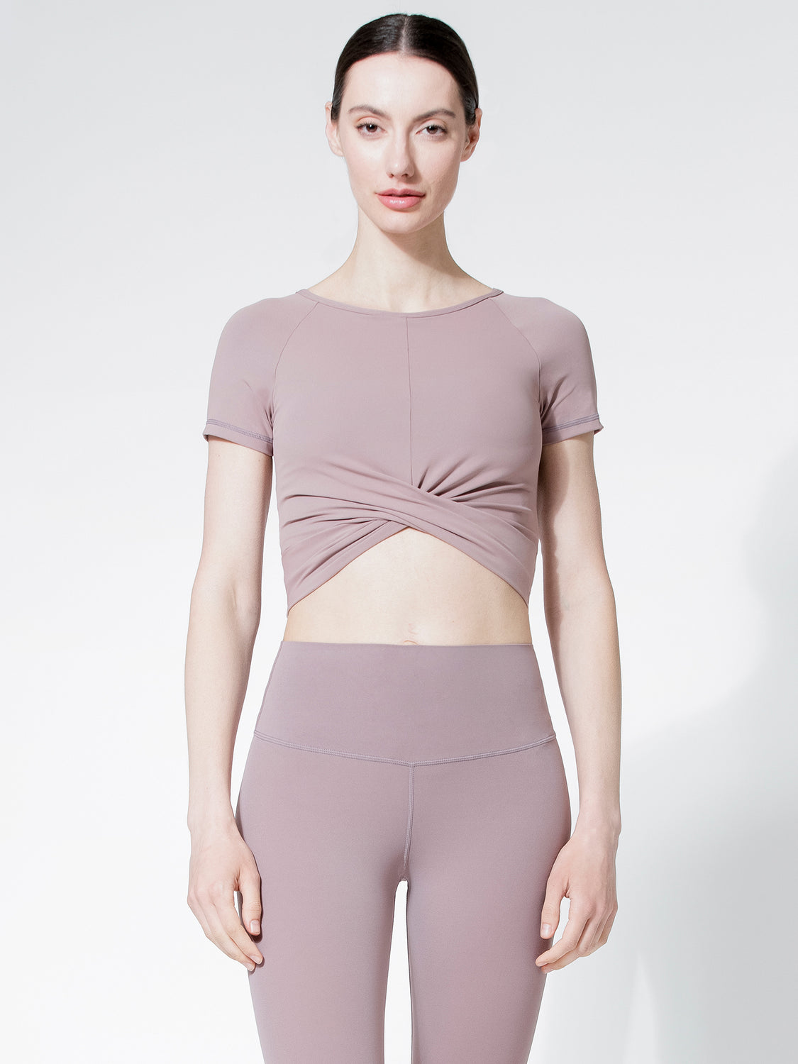 SHORT SLEEVE NUDE FRONT WRAP TEE, ASH MAUVE