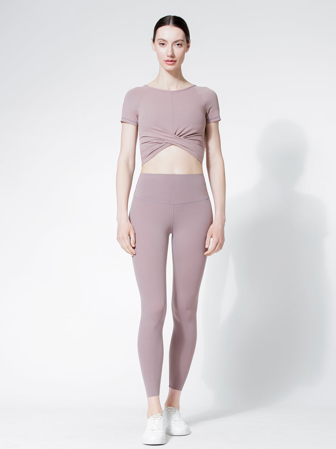 SHORT SLEEVE NUDE FRONT WRAP TEE, ASH MAUVE