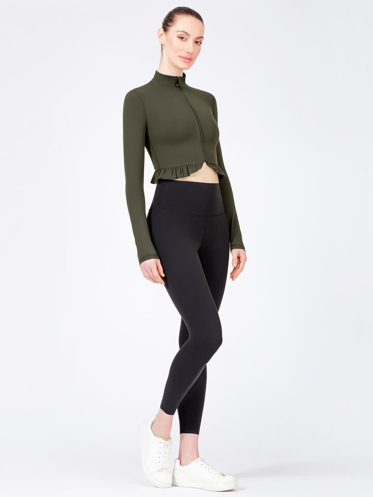 CROPPED RUFFLES JACKET, DARK GREEN