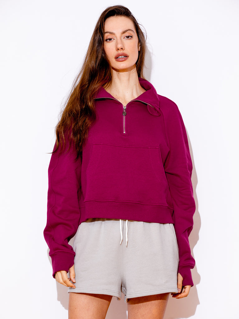 COLLARED HALF ZIP RELAXED SWEATSHIRT, WILDBERRY