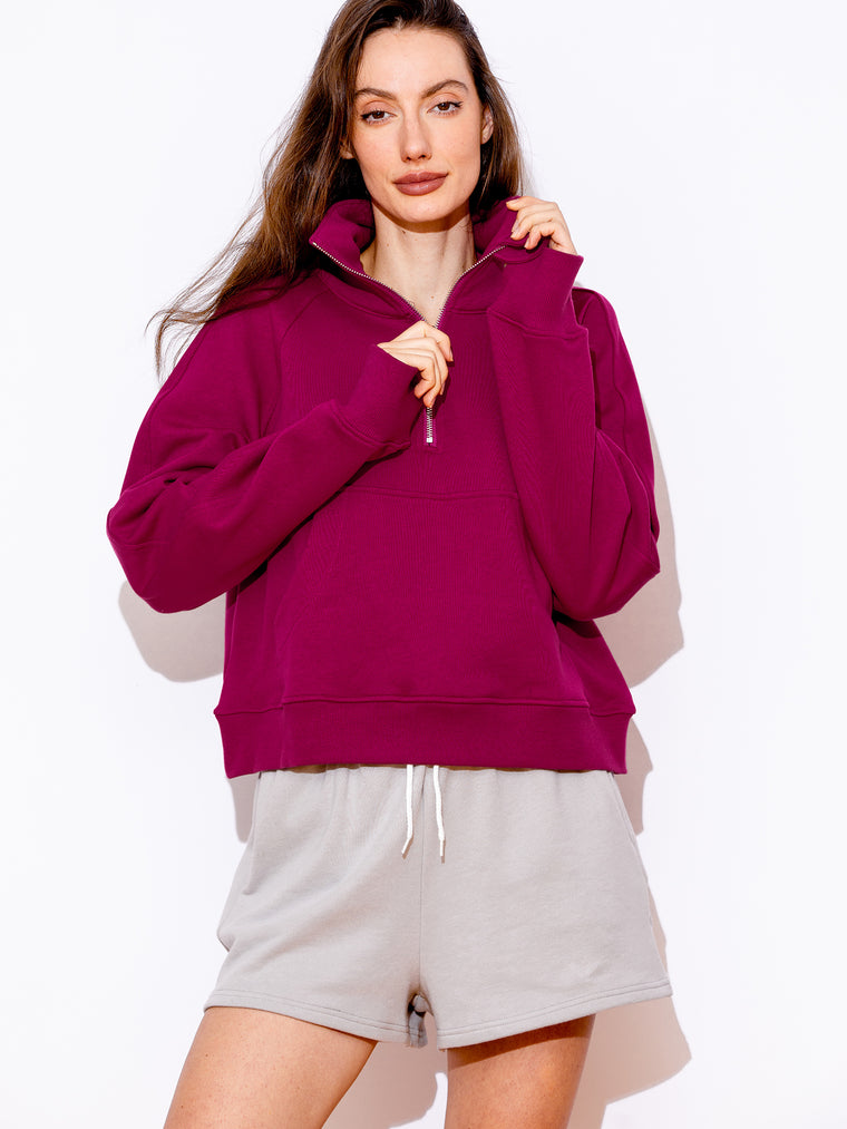 COLLARED HALF ZIP RELAXED SWEATSHIRT, WILDBERRY