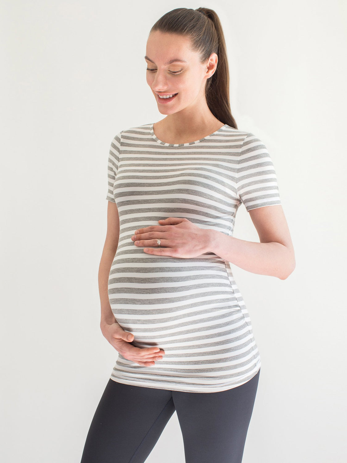 MATERNITY SOFT STRETCH SHORT SLEEVE TEE, LIGHT HEATHER GREY STRIPE