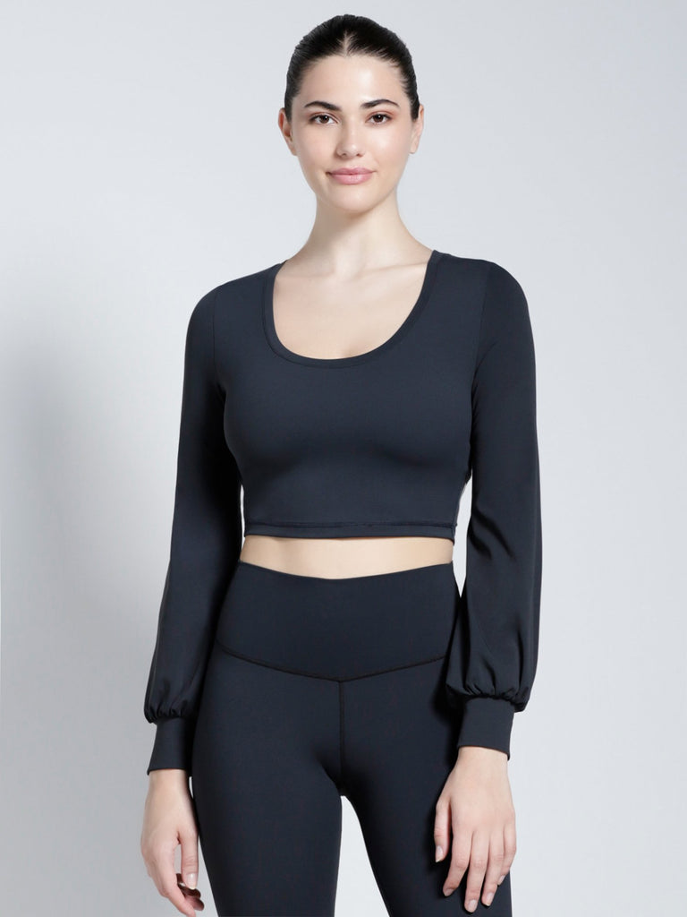 PUFF SLEEVE CROPPED TOP, MIDNIGHT GREY