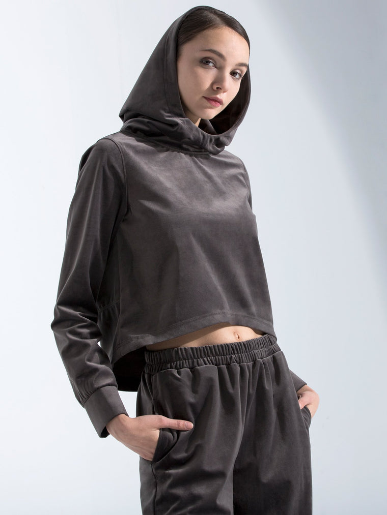 VELOUR HI LO HOODIE,GREY