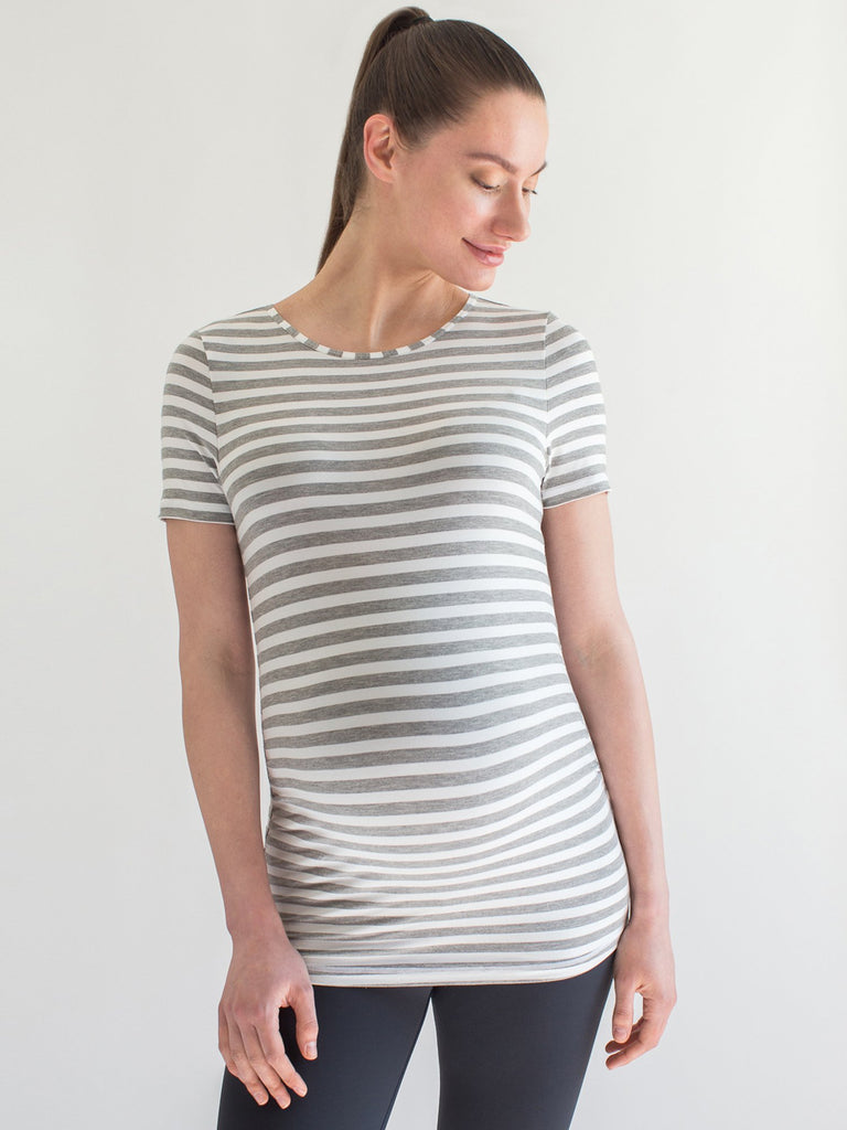 MATERNITY SOFT STRETCH SHORT SLEEVE TEE, LIGHT HEATHER GREY STRIPE