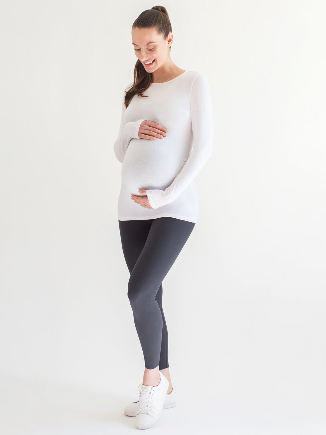 MATERNITY SOFT STRETCH LONG SLEEVE TEE, WHITE