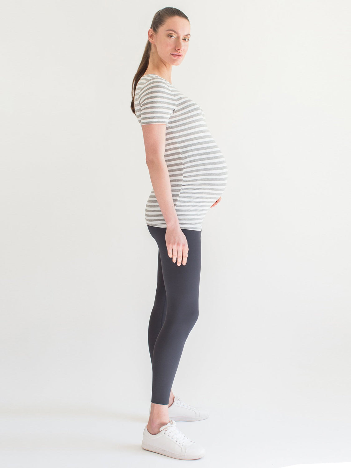 MATERNITY SOFT STRETCH SHORT SLEEVE TEE, LIGHT HEATHER GREY STRIPE