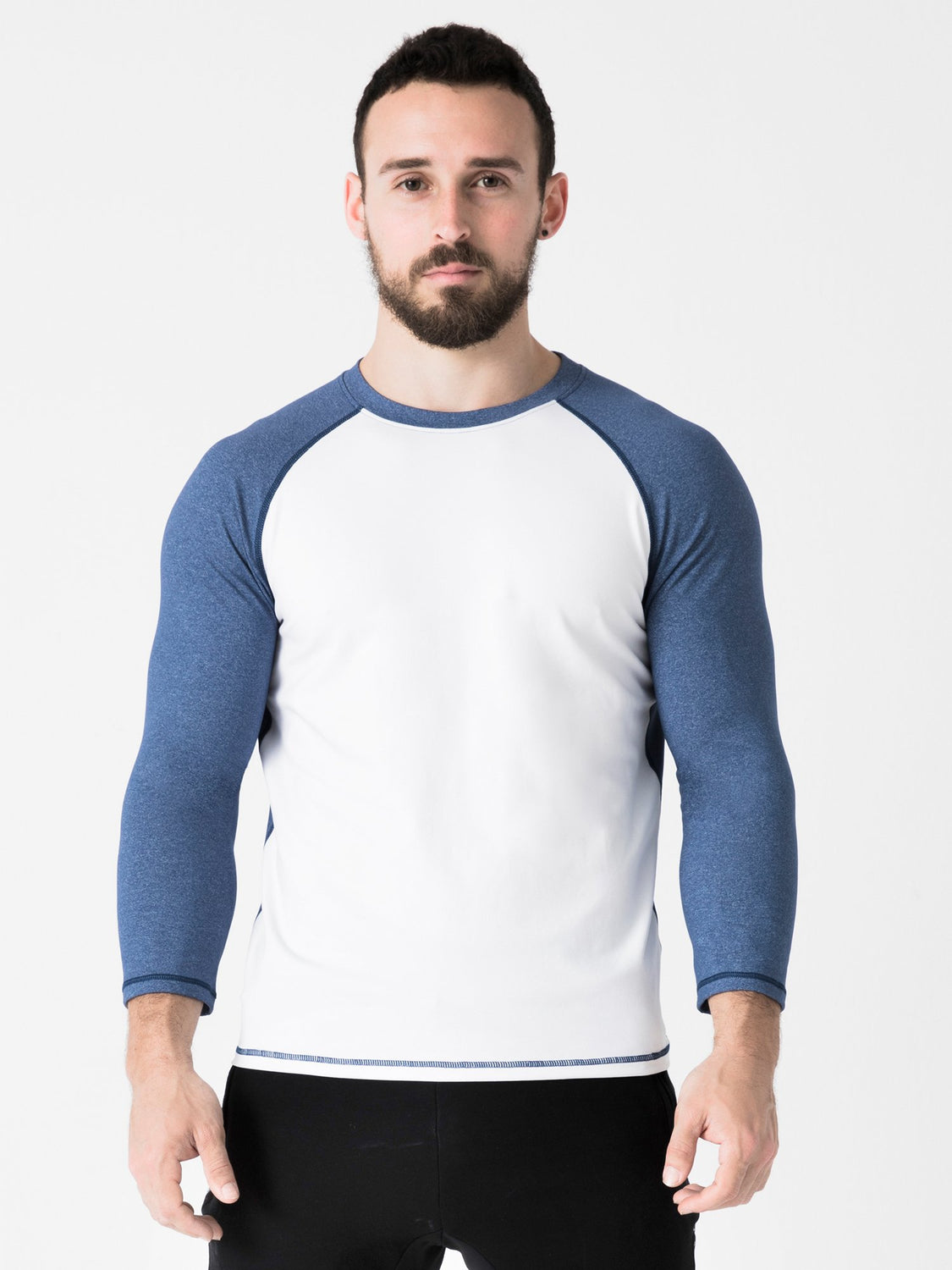 RAGLAN TEE, HEATHER BLUE, WHITE