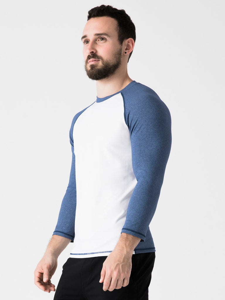 RAGLAN TEE, HEATHER BLUE, WHITE