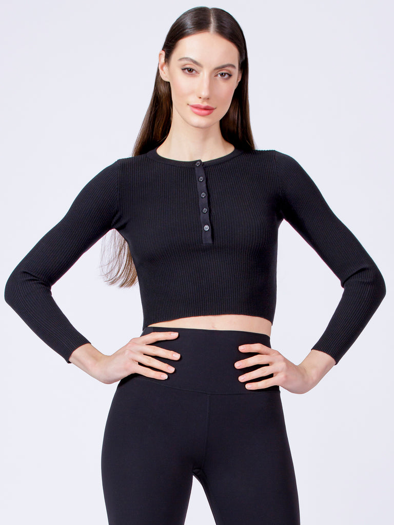 CROPPED HENLEY TEE, BLACK