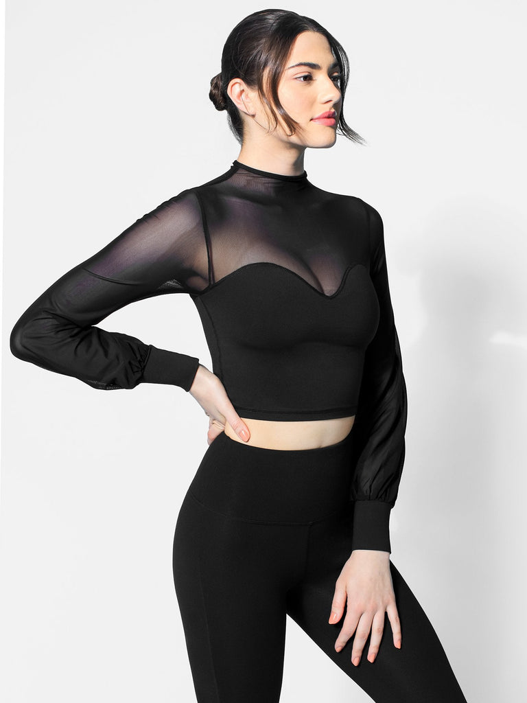 MESH ILLUSION PUFF SLEEVE CROP TOP, BLACK/BLACK MESH