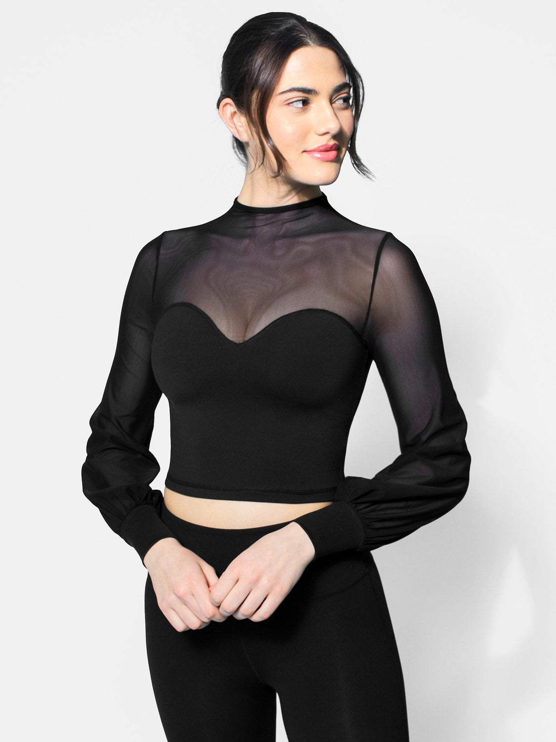 MESH ILLUSION PUFF SLEEVE CROP TOP, BLACK/BLACK MESH